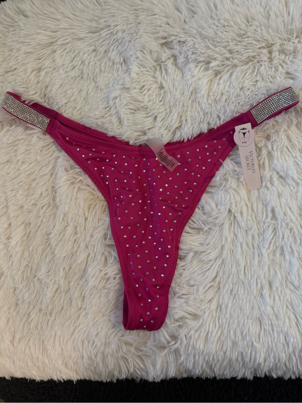 Victorias Secret Swim Embellished Hot Pink Rhinestone Thong Suit Bottom Large
